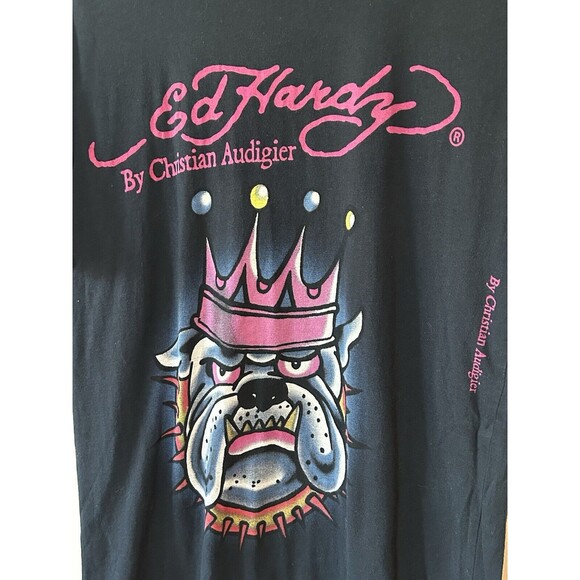 Vintage Y2K ED HARDY Bulldog w/crown T-shirt Size Med 2000’s Christian Audigier - Picture 2 of 4